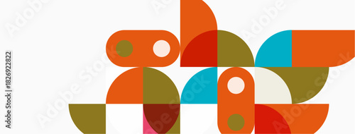 Abstract geometric shapes overlap, creating colorful composition. Circles, ovals, curves dominate design. Warm tones contrast cool hues.