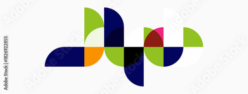 Abstract geometric shapes, vibrant colors, modern design. Composition features overlapping semicircles, creating dynamic visual effect.