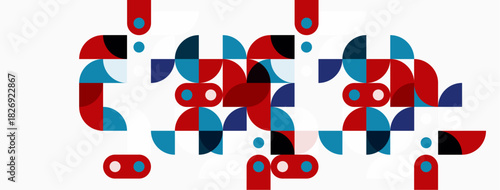 Abstract geometric shapes, red, blue, white. Composition suggests movement, pattern, modern design elements. Minimalist aesthetic.