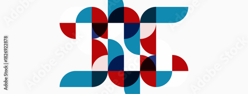 Abstract geometric design. Circles, squares, rectangles overlap creating letterform. Red, blue, gray tones dominate composition. Modern aesthetic.