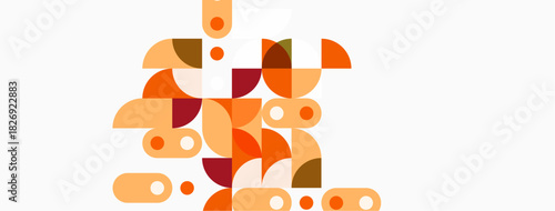 Abstract geometric shapes, warm colors dominate composition. Circles, arcs create dynamic visual texture. Minimalist design, modern aesthetic.