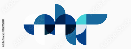 Abstract geometric shapes overlap, creating dynamic blue composition. Minimalist design suggests flow, connection, innovation.