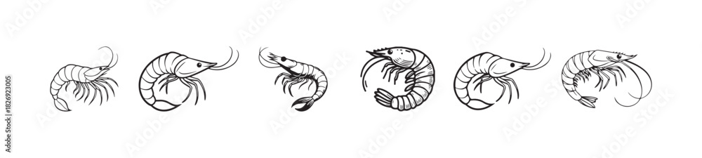 Fototapeta premium Shrimp icon set, shrimp silhouette sea animal symbol, seafood icons featuring shrimp, vector illustration EPS 10.