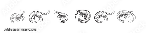 Shrimp icon set, shrimp silhouette sea animal symbol, seafood icons featuring shrimp, vector illustration EPS 10.