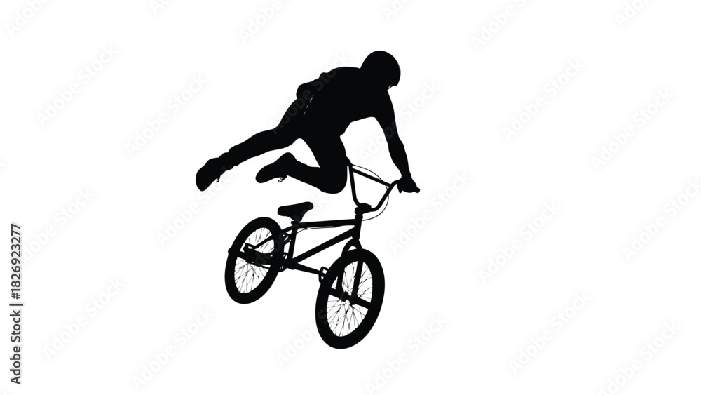 Fototapeta premium Black silhouette of a BMX rider performing an aerial stunt or trick mid-air with bicycle, dynamic action sport graphic, flat vector art design, isolated on white background