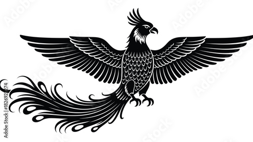 Majestic black silhouette of a mythical Phoenix bird with spread wings and ornate flowing tail feathers, heraldic emblem, vector art, logo design, isolated on white background