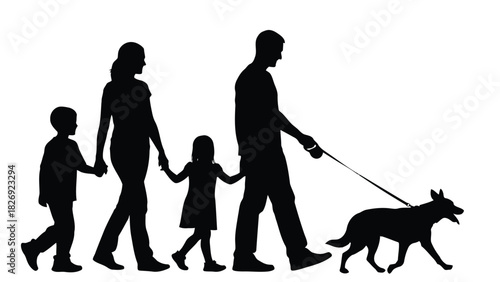 Silhouette of a family walking together: father, mother, son, and daughter holding hands, walking a dog on a leash, vector art, isolated on white background