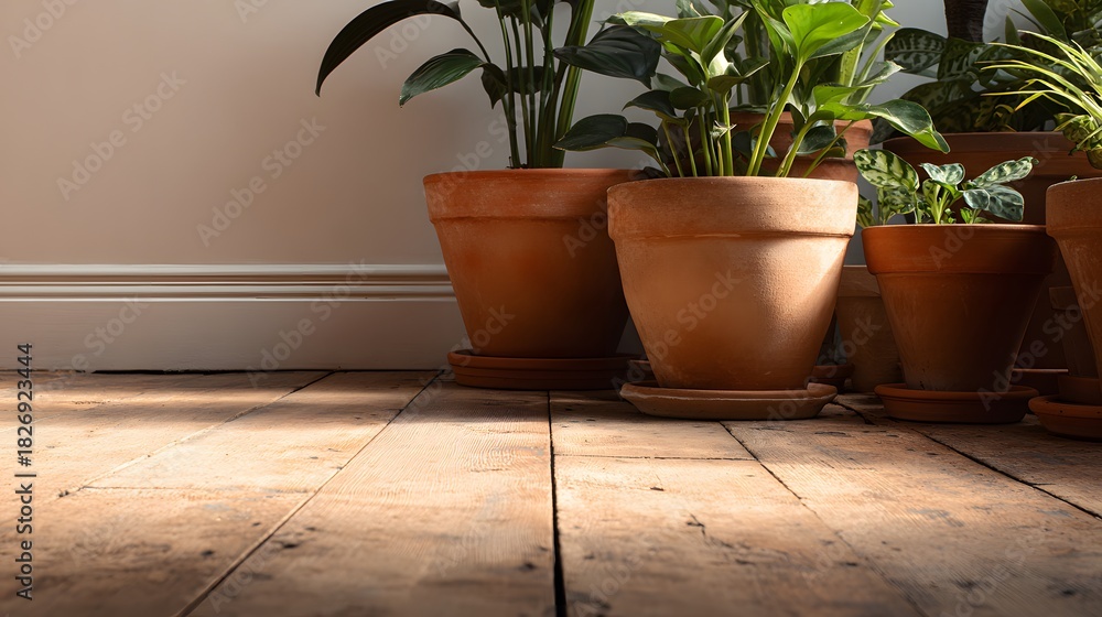 Fototapeta premium Several terracotta pots holding lush green foliage sit upon rustic wooden floorboards bathed in sunlight.