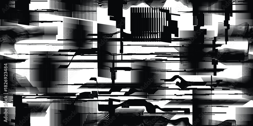 Fototapeta premium Glitch distorted grungy abstract technology lines . Glitched lines seamless pattern texture. Grange shapes .Grunge textured . Vector stripes.Screen print endless pattern texture