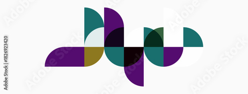 Abstract graphic design features overlapping semicircles. Colors include purple, teal, gold, dark green, white background. Modern aesthetic.