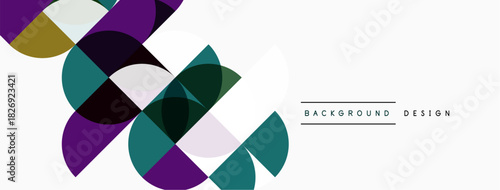 Abstract geometric shapes overlap, creating dynamic visual composition. Colors include purple, teal, gold, gray. Minimalist design.