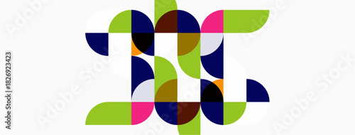 Abstract geometric composition. Circles, arcs, overlapping shapes create complex visual pattern. Bright colors dominate white background.