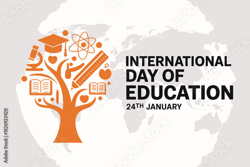 International day of education on january 24th, featuring a knowledge tree with academic and science icons, isolated on