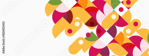 Abstract geometric shapes overlap, creating colorful pattern. Orange, pink, green dominate white background. Modern design element.