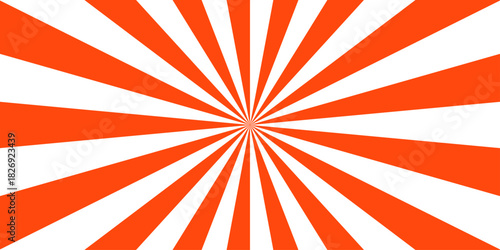 Abstract vivid, radial spiral burst pattern with red and white curved rays. Orange swirling pattern background with Vortex starburst spiral twirl strips. Burst sunrise sunbeam element spiral striped.