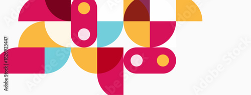 Abstract geometric shapes overlap, creating vibrant composition. Pink, orange, teal hues dominate design. Modern, playful aesthetic.