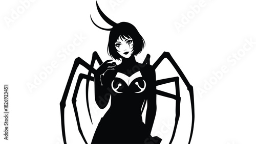 Monochrome Spider Woman Character with Antennae and Piercing Gaze, Mysterious Female Insectoid Figure in Dark Silhouette Style, Vector Art, isolated on white background