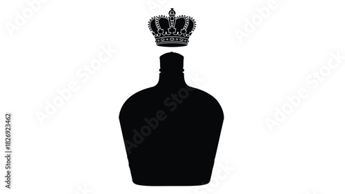 Black silhouette of a liquor bottle with a detailed royal crown resting on its neck, minimalist vector logo design for premium spirits, isolated on white background