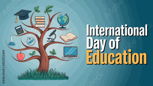 International day of education a conceptual image of a knowledge tree with educational symbols, highlighting global learning and academic progress