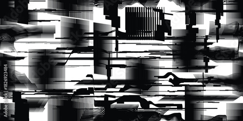 Glitch distorted grungy abstract technology lines . Glitched lines seamless pattern texture. Grange shapes .Grunge textured . Vector stripes.Screen print endless pattern texture