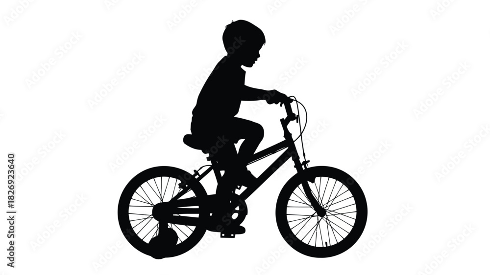 Obraz premium Silhouette of a young boy riding a bicycle with focused expression, dynamic side view, clean vector art, graphic design element, isolated on white background