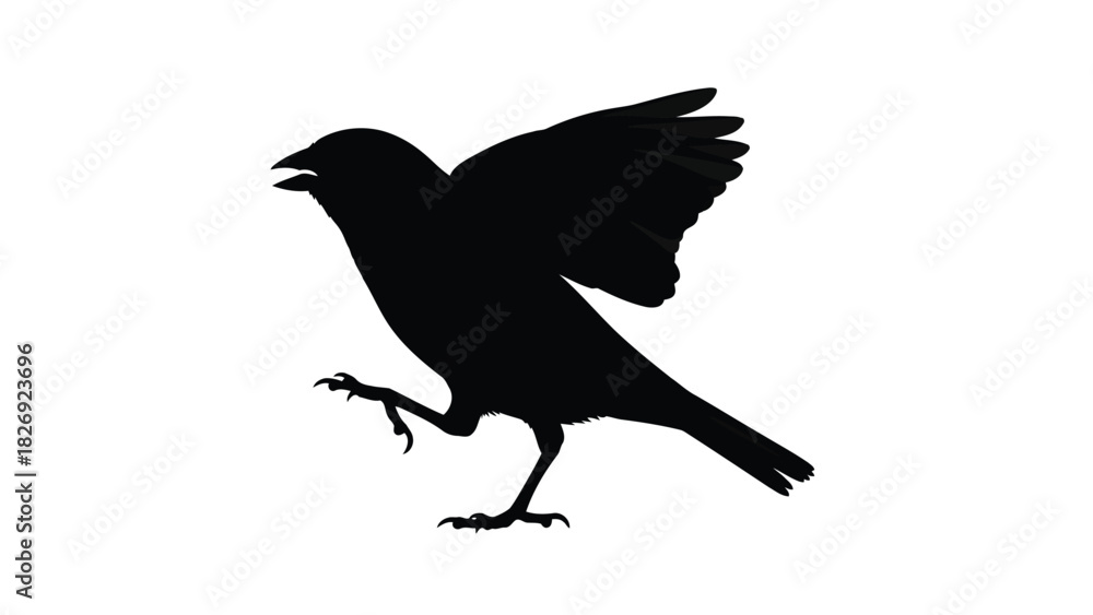 Obraz premium Black silhouette of a crow or raven bird standing with one leg raised and wings slightly spread, graphic vector art, simple icon design, isolated on white background