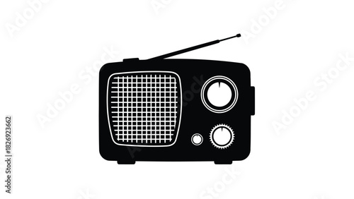 Black and white silhouette of a vintage portable radio receiver with antenna and tuning knobs, retro communication device graphic, flat vector art, isolated on white background