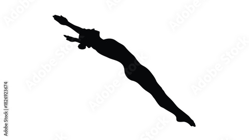 Silhouette of a female swimmer or diver in a streamlined, arched entry position, dynamic sports action, simple black graphic vector art, isolated on white background