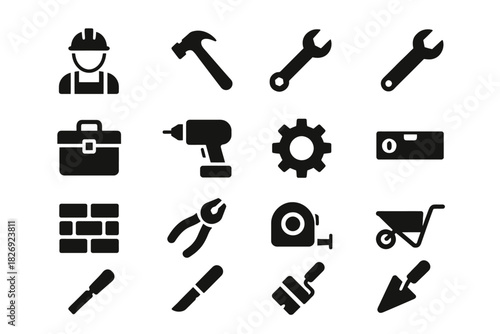 Construction tools icons set: hammer, wrench, gear, drill, brick