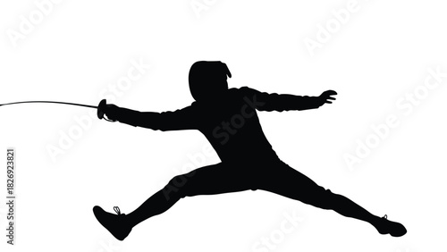 Fencer silhouette performing a dynamic lunge attack with foil weapon, athletic sport action, clean vector art, graphic design element, isolated on white background