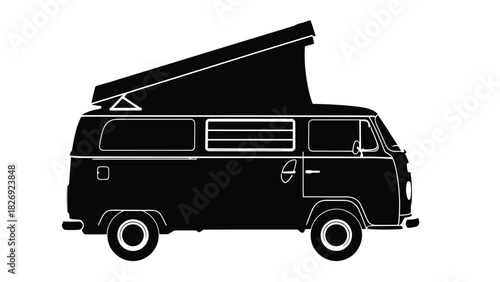 Black silhouette of classic camper van with raised pop-top roof, side view profile, minimalist vector art for travel and adventure design, isolated on white background