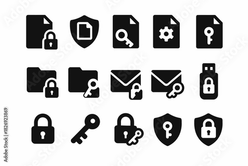 Security icons set: locks, keys, folders, and shields in black and white design