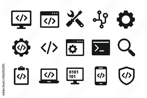 Technology development icons: programming, coding, debugging, and network tools