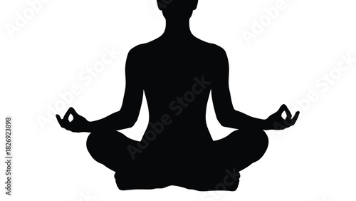 Black silhouette of person meditating in lotus position with Gyan mudra hand gesture, calm spiritual practice concept, clean flat vector art, logo design, isolated on white background
