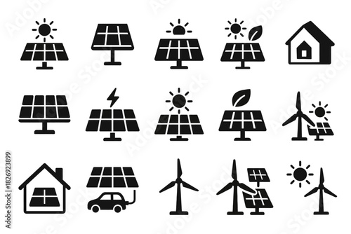 Renewable energy icons: solar panels, wind turbines, and eco-friendly symbols