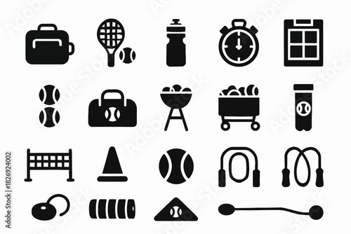 Tennis equipment icons: racket, stopwatch, net, and jump rope silhouettes