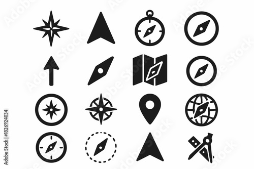 Set of black navigation icons with compass and map symbols