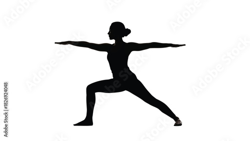 Silhouette of Woman in Yoga Warrior Two Pose Virabhadrasana II with Arms Extended Sideways, Fitness Concept, Flat Vector Art, isolated on white background