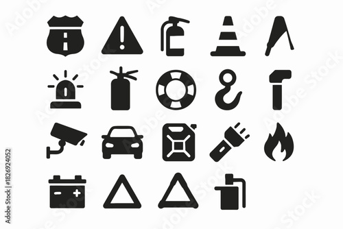 Collection of safety and emergency icons for road and fire situations