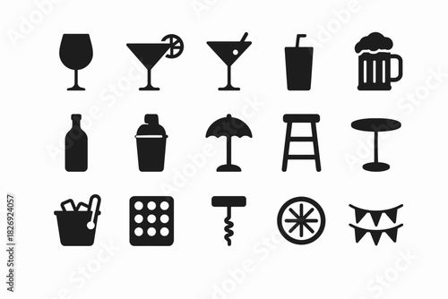 Set of black drink and bar icons including glasses and accessories