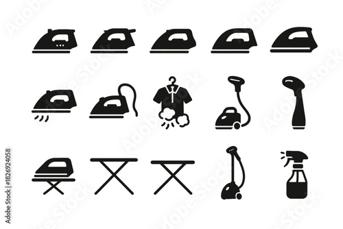 Household ironing tools and equipment icons set in black silhouettes