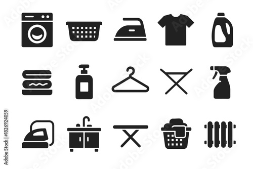 Black household chores icons set: laundry, cleaning, and ironing essentials