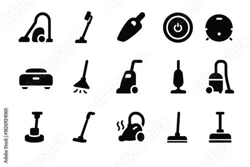 Set of various vacuum cleaner and sweeping equipment icons