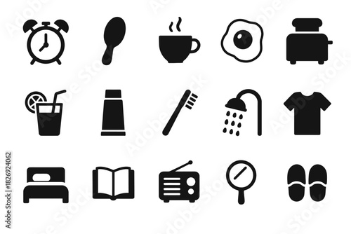 Collection of morning routine icons including alarm clock, coffee, toothpaste, and shower