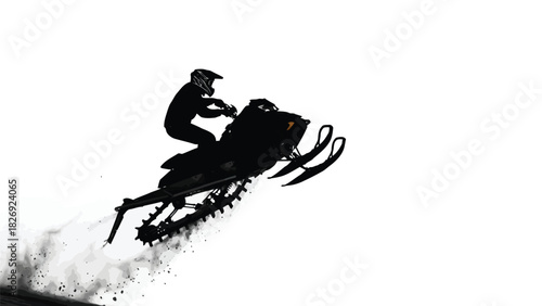 Black silhouette of extreme snowmobile rider wearing full helmet performing high jump with snow spray, dynamic action vector art, sticker design, isolated on white background