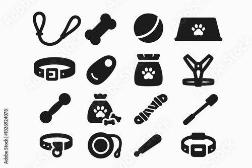 Collection of pet accessories silhouettes: leash, collar, toys, bowl, harness