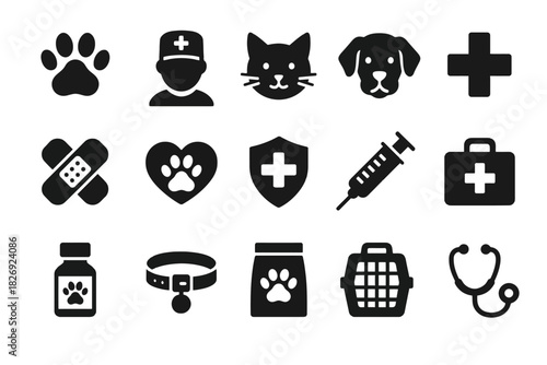Veterinary icons set: pets, medicine, healthcare, supplies, treatment symbols in black