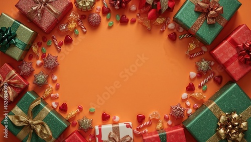 Festive gifts and candies arranged in a circle on an orange background. Christmas celebration and holiday season. Wrapping presents and holiday treats. The theme of Christmas and gift-giving.