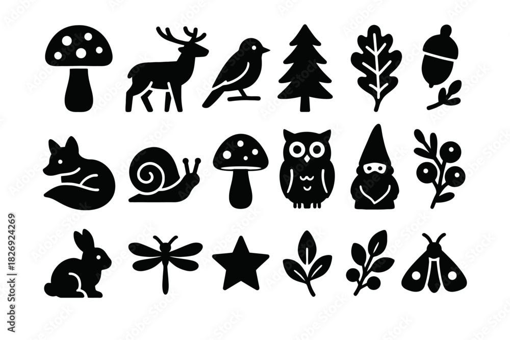Obraz premium Silhouette forest creatures and nature elements collection