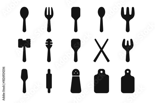 Silhouette collection of kitchen utensils: spoon, fork, rolling pin, cutting board